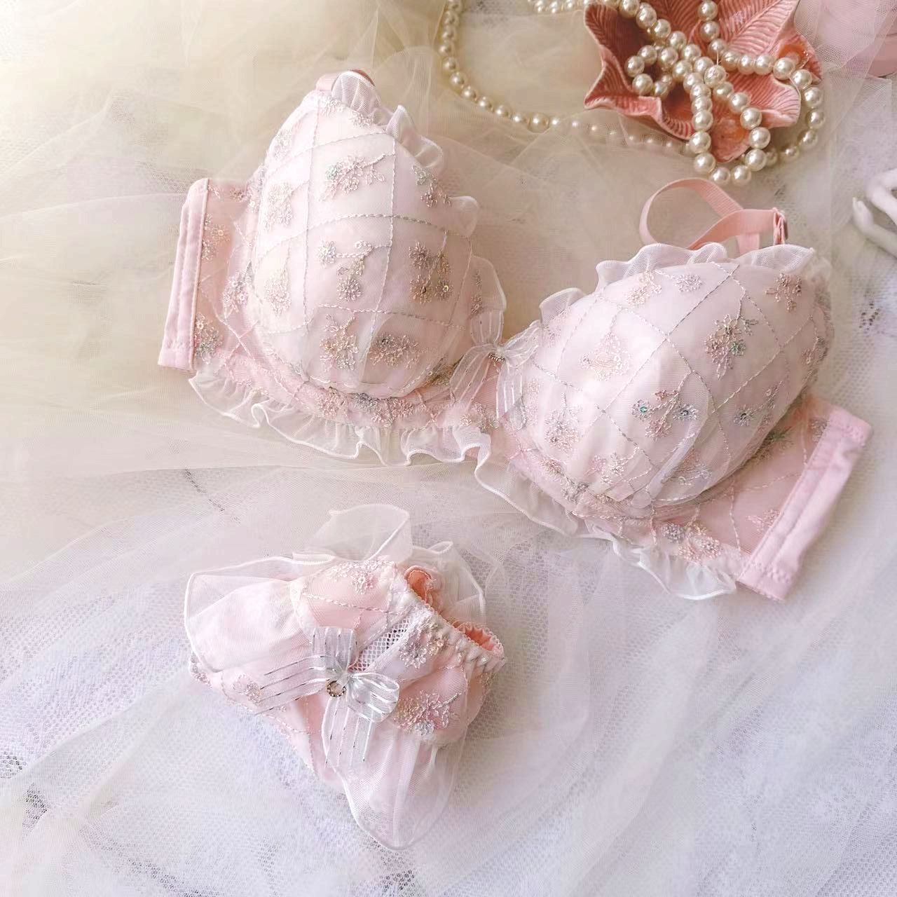 Japanese Style Sequin Flower Embroidered Bra Pantie Set